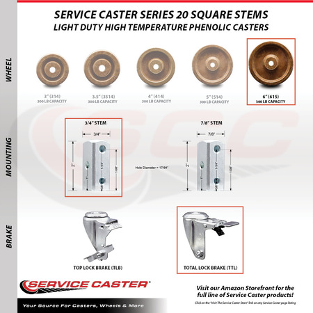 Service Caster 6 Inch High Temp Phenolic Swivel 3/4 Inch Square Stem Caster Total Lock Brake SCC-SQTTL20S615-PHSHT-34
